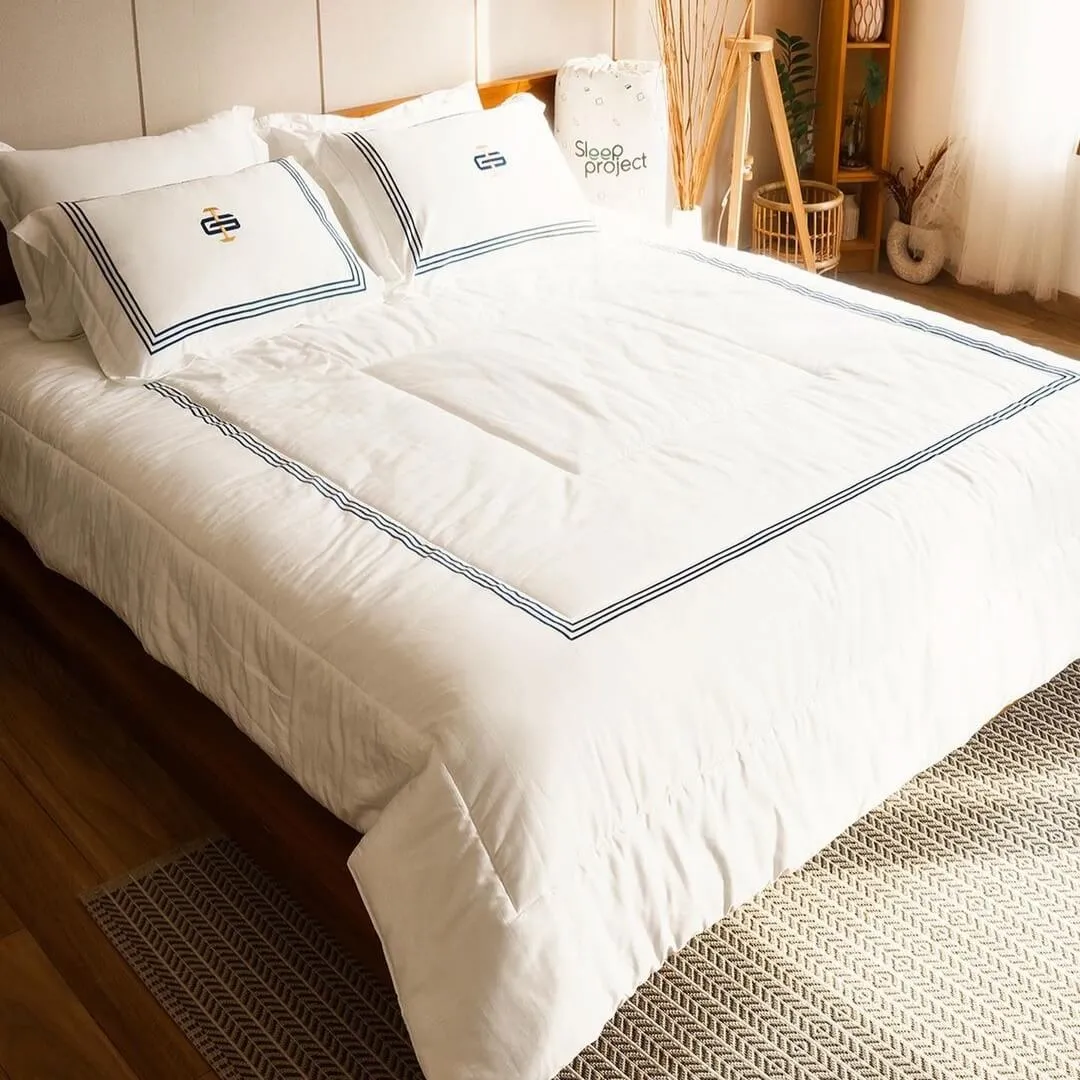 White and Blue - Velvet Embroidery Premium Cotton Bedding Set