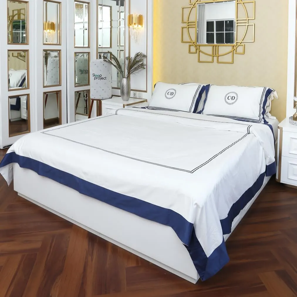 White and Blue - Velvet Embroidery and Frame Premium Cotton Bedding Set