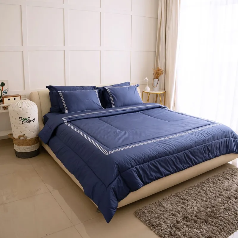 Navy Blue and White - Velvet Embroidery Premium Cotton Bedding Set (3 Center Lists)