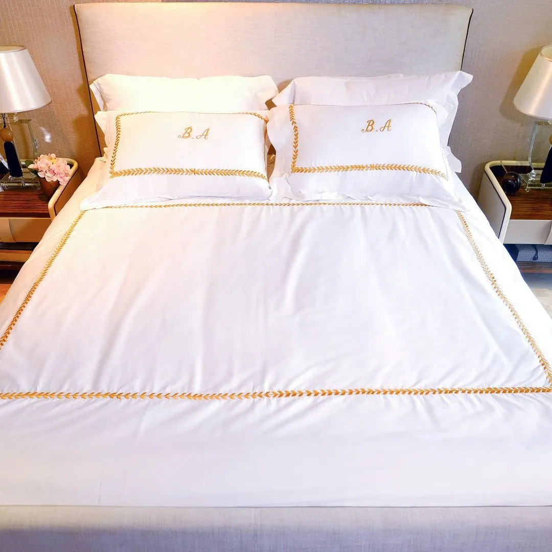 White and Gold - Velvet Embroidery Foliage Organic Cotton Bedding Set