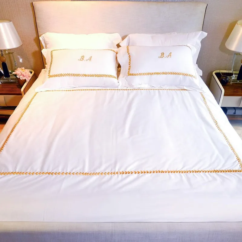 White and Gold - Velvet Embroidery Foliage Organic Cotton Bedding Set
