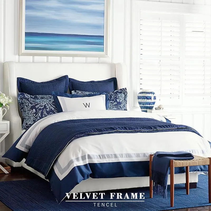 White mix Blue & Grey - Velvet Frame TENCEL™ Lyocell Bedding Set