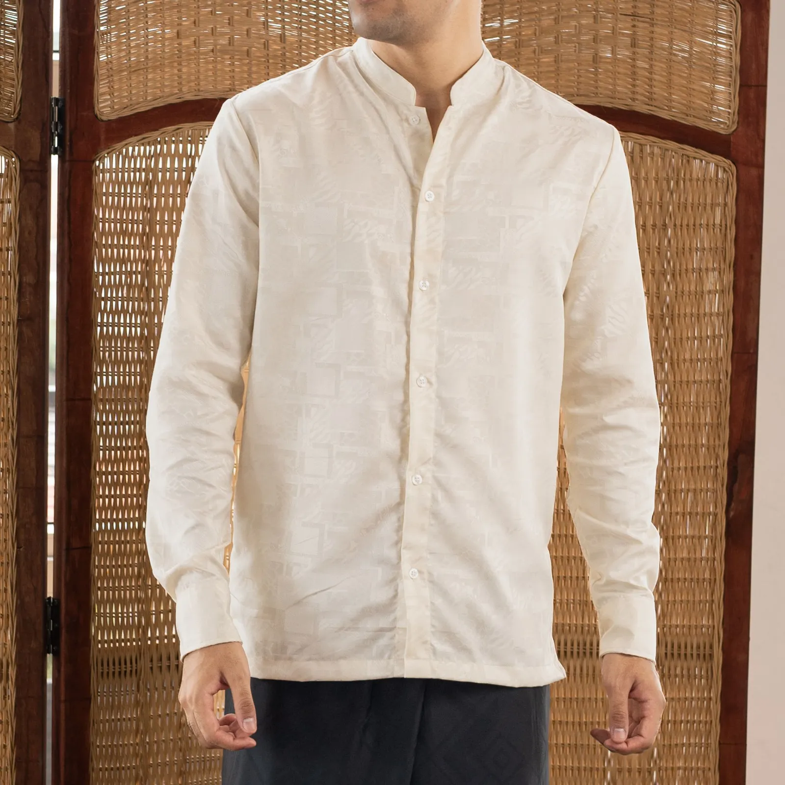 SLEEP PROJECT x MR YOUNG Kemeja Koko Muslim Pria Katun Premium Lengan panjang Warna Cream