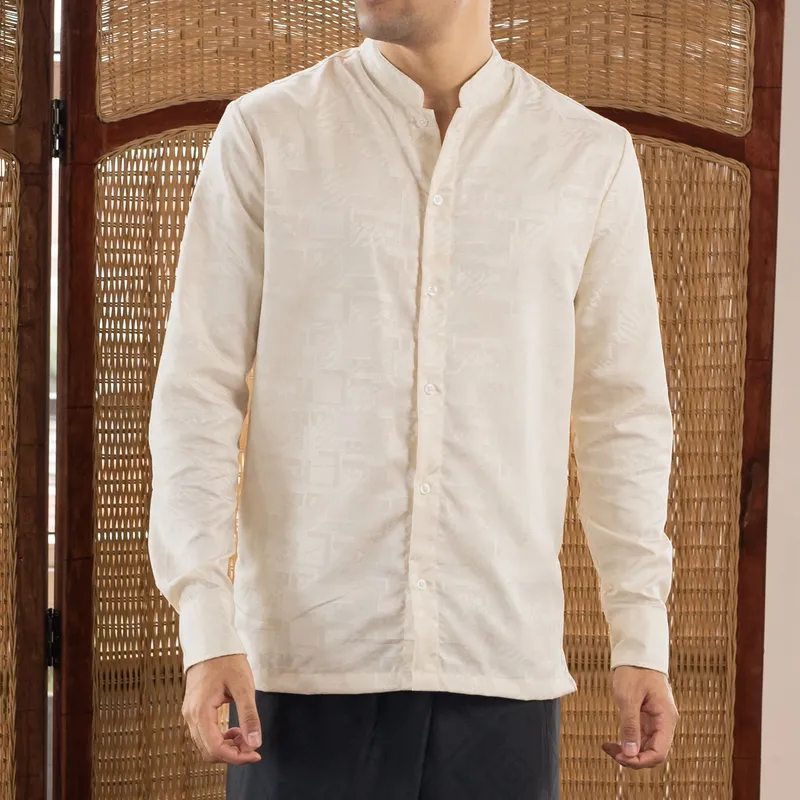SLEEP PROJECT x MR YOUNG Kemeja Koko Muslim Pria Katun Premium Lengan panjang Warna Cream
